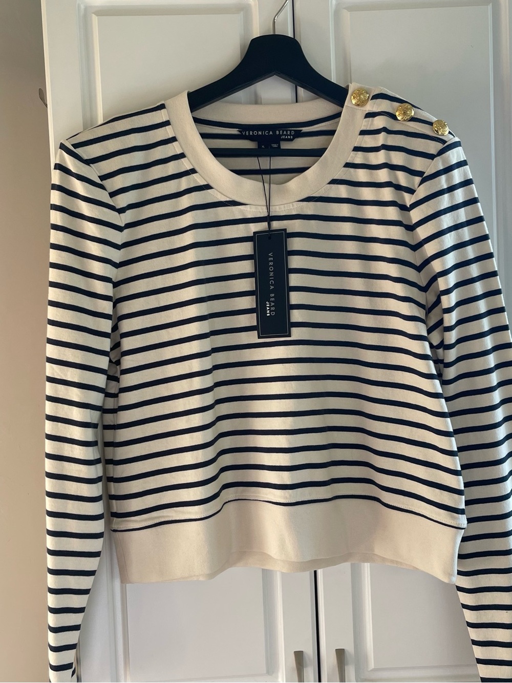 Veronica Beard Samson Top Striped Gold Buttons Crewneck Sweatshirt XL NWT $228